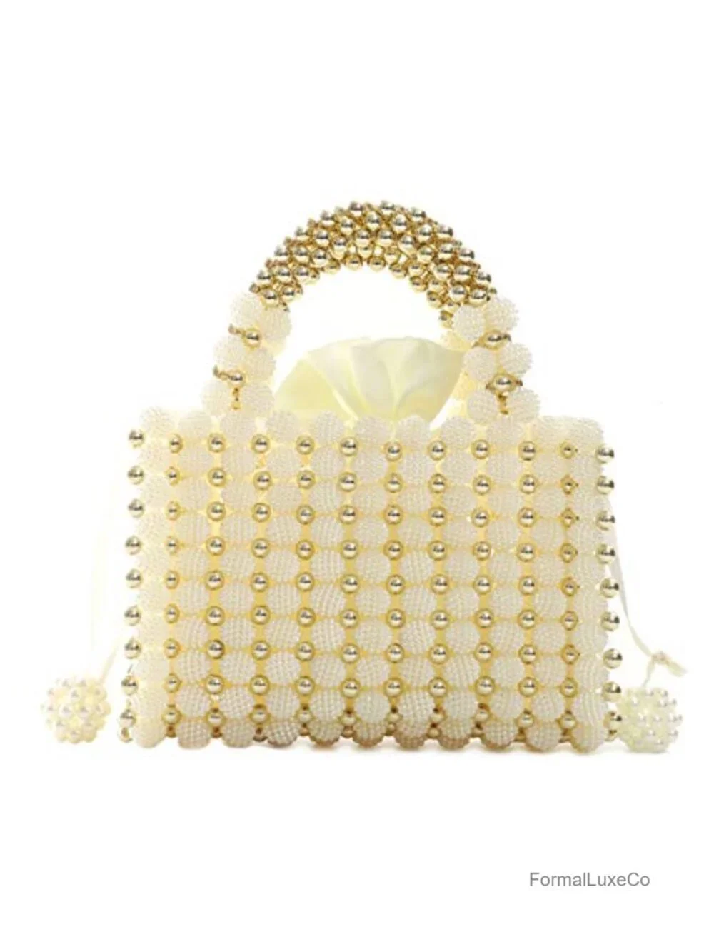 Handmade Pearl Beaded Evening Handbag Top Handle Purse with Inner Bag & Dust Bag
